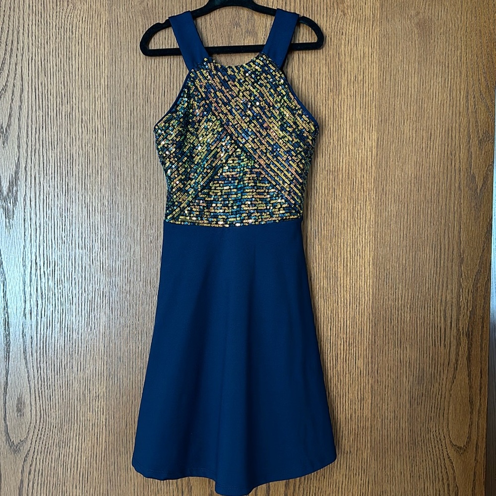 Girls Navy and Sequined Dress